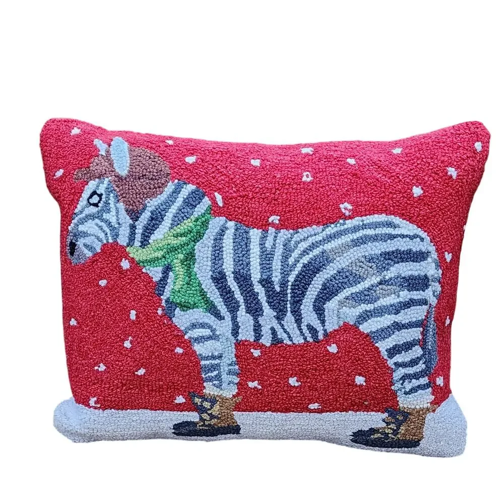 Grandin Road Zebra Winter Wonderland Hooked Wool Pillow 14x18 Holiday Decor ICON